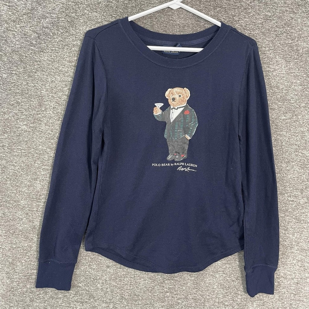 Polo Ralph Lauren Shirt Womens XS Blue Polo Bear Graphic Long Sleeve Tee Top
